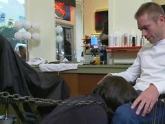 Shaved and fucked in a busy barbershop