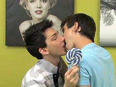 The hardcore scene between Colby London and Skyelr Bleu starts with them sucking on a lollipop.