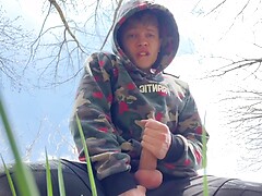 Sweet Boy Jerking his Big Dick (23cm) Outdoor / Huge Cumshot on Camera / College Boy / Monster Dick